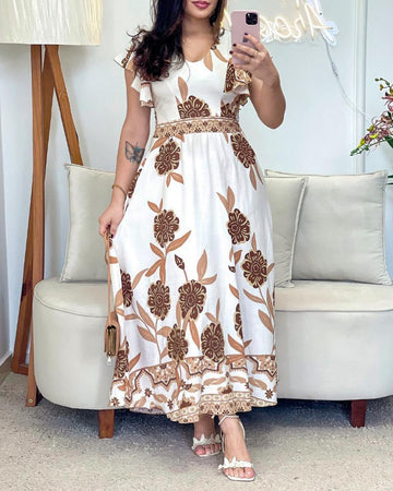 Floral Print V Neck Short Sleeve Shirred Dress